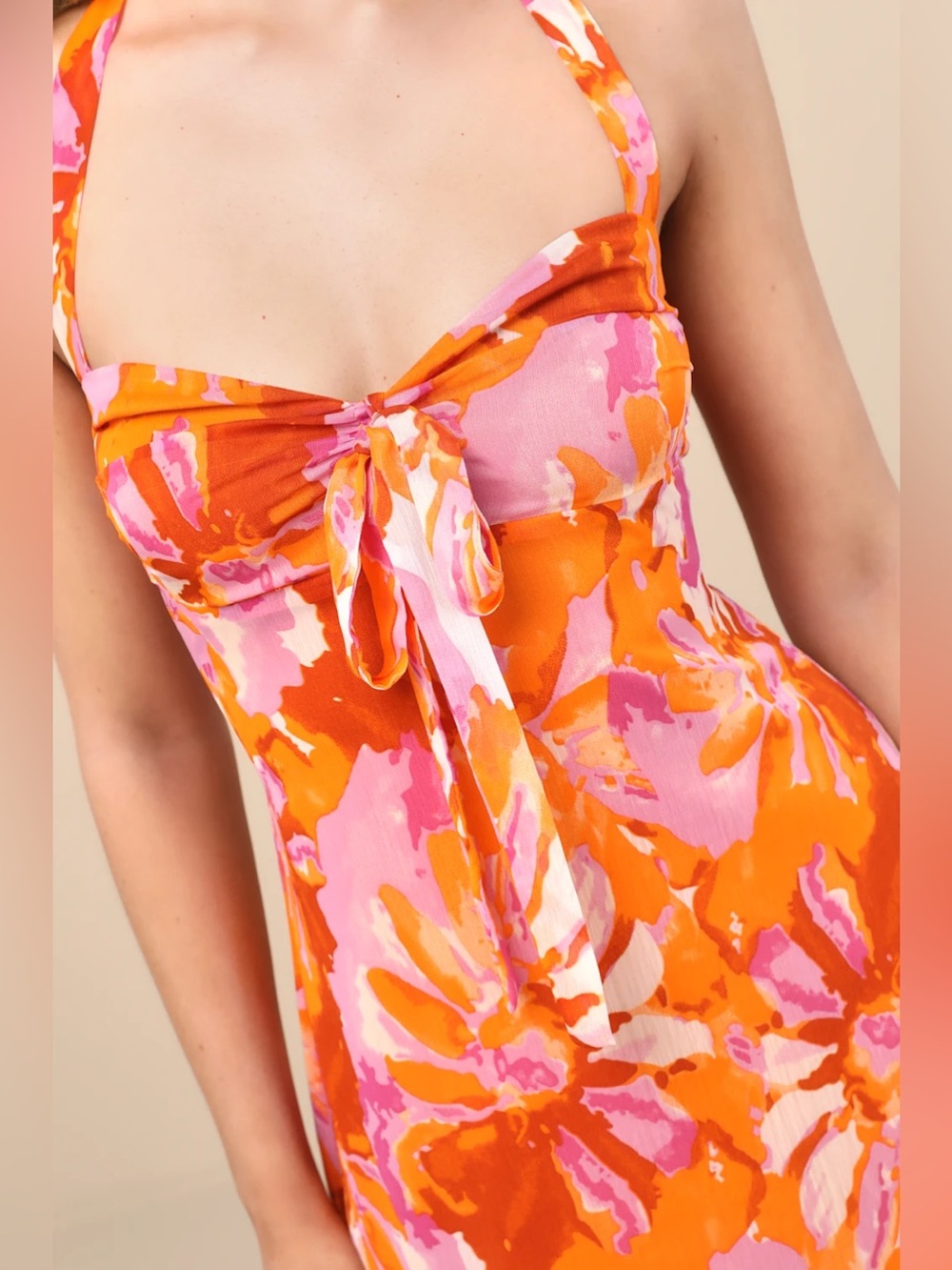 Lulus Sabine Orange Multi Floral Halter Mini Dress Size L NWT - Picture 5 of 11